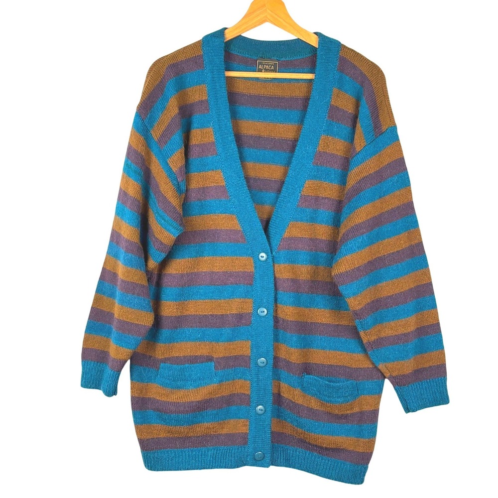 Alpaca Cardigan Sweater Women M/L Striped Alpaca Vram Peru Artisan Earthy Boho